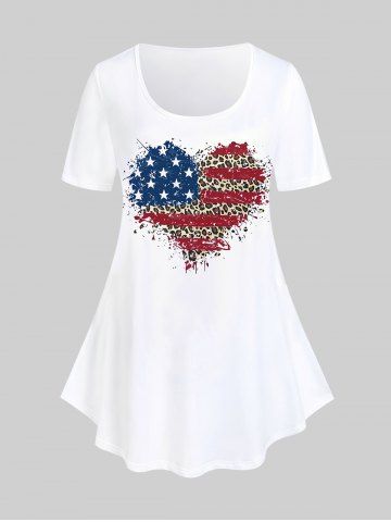 Plus Size American Flag Leopard Heart Printed Patriotic Top - WHITE - L | US 12