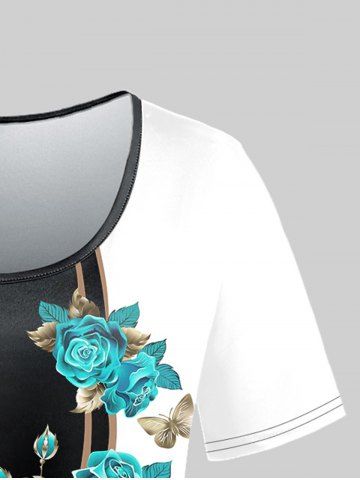Plus Size Short Sleeves Flower Printed Colorblock Tee