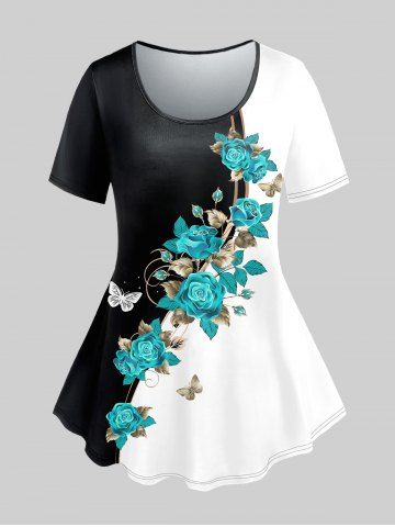 Camiseta de Talla Extra Manga Corta con Estampado de Flores Color Bloque - BLACK - 5X | US 30-32