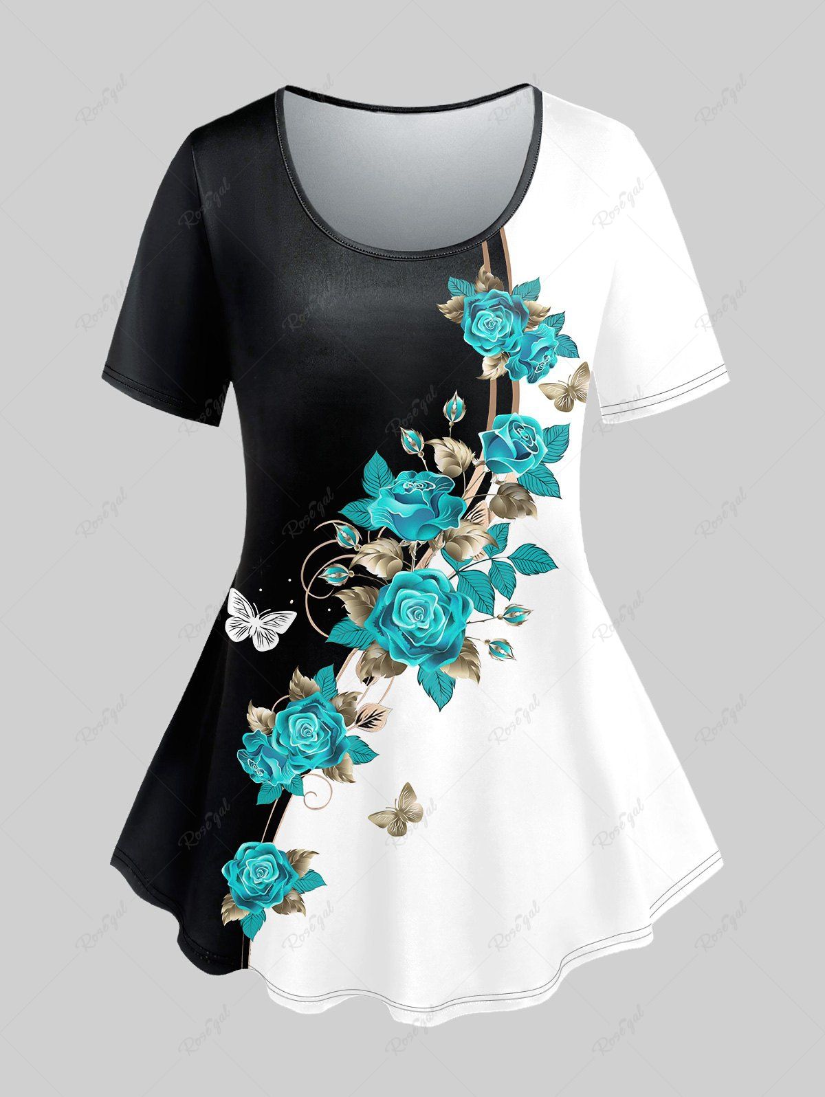 Affordable Plus Size Short Sleeves Flower Printed Colorblock Tee  