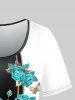 Plus Size Short Sleeves Flower Printed Colorblock Tee -  