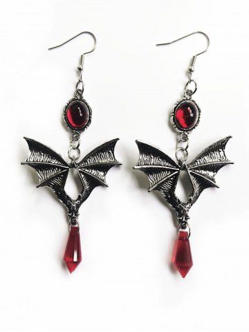 Gothic Bat Gem Decor Drop Earrings - RED