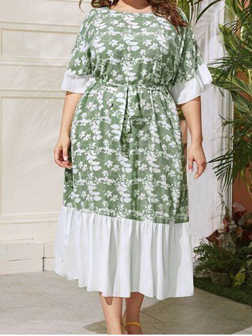 Robe Mi-Longue Ligne A Ceinturée à Imprimé Feuille en Blocs de Couleurs à Taille Haute de Grande Taille - GREEN - 2XL