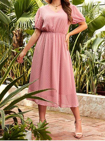 Robe Mi-Longue Ligne A en Couleur Unie à Taille Haute de Grande Taille à Pois - LIGHT PINK - 1XL