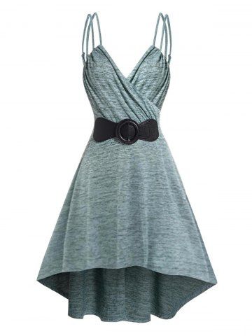 Space Dye Bowknot O Ring Surplice Spaghetti Strap High Low Midi Cami Dress - LIGHT GREEN - S