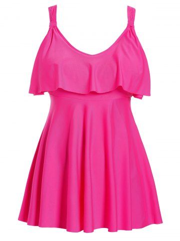 Plus Size Plain Color Flounce Modest Padded Tummy Control Tankini Swimsuit