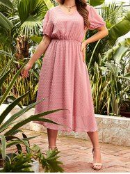 Robe Mi-Longue Ligne A en Couleur Unie à Taille Haute de Grande Taille à Pois - Rose clair 2XL