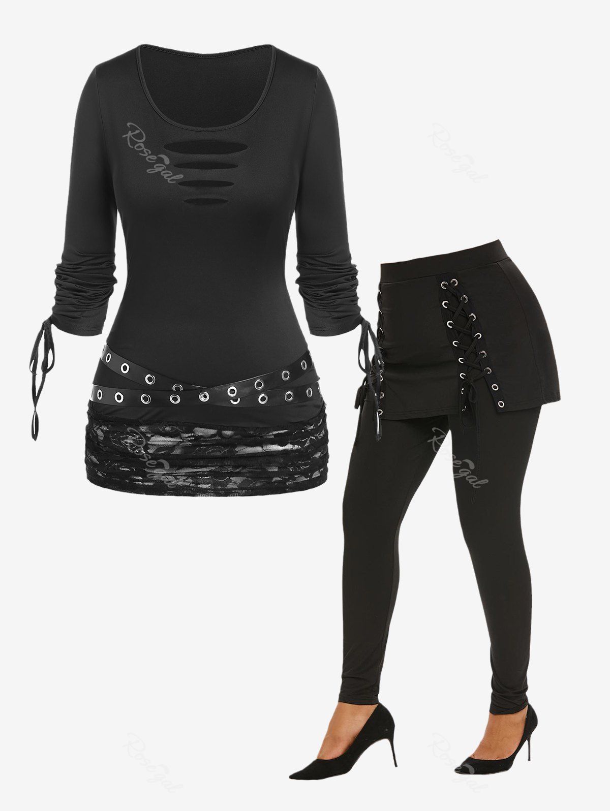 Ensemble Gothique de T-shirt Déchiré Panneau en Dentelle à Manches Volantées et Pantalon Jupé à Lacets Noir 