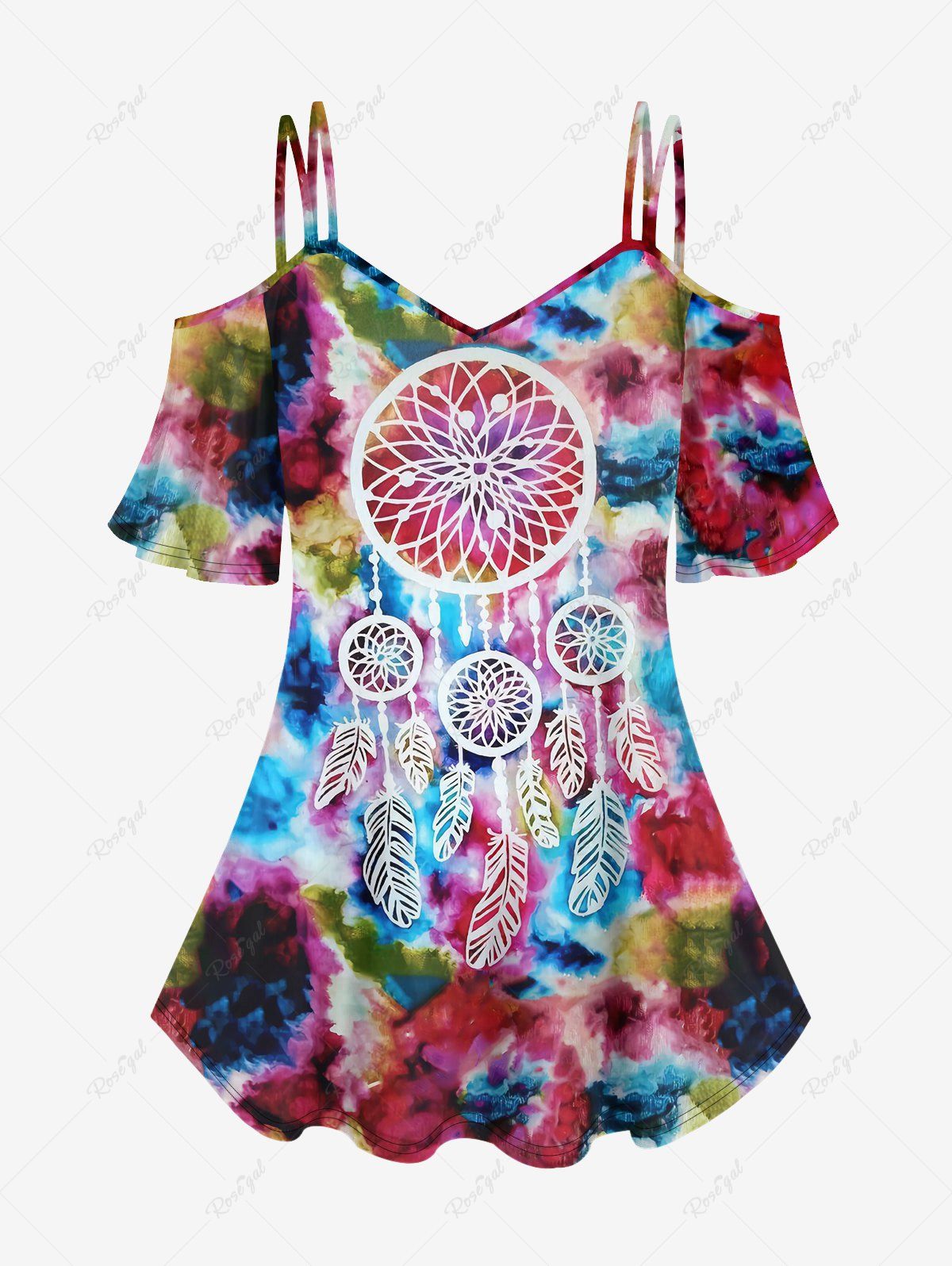 Outfit Plus Size Ink Dreamcatcher Printed Open Shoulder Tee  