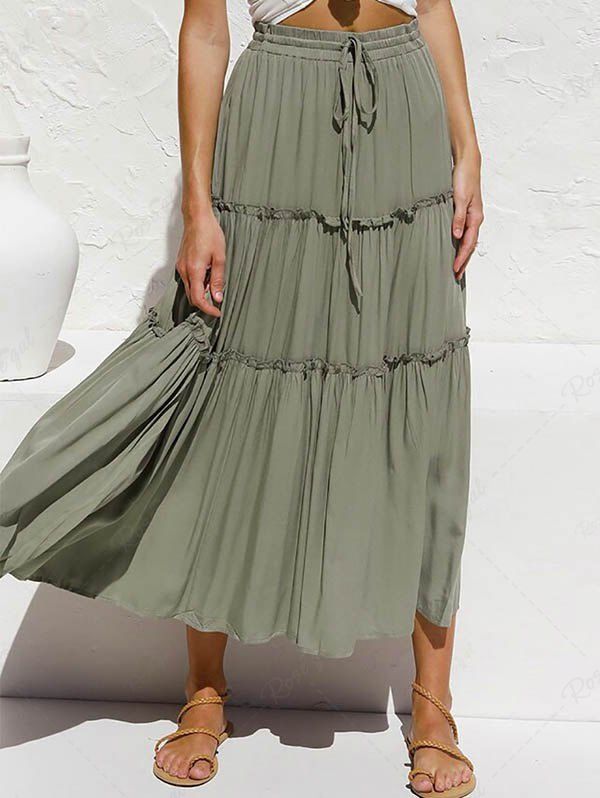 Cheap Plain Color Ruffle Elastic High Waisted Tiered A Line Mini Skirt  