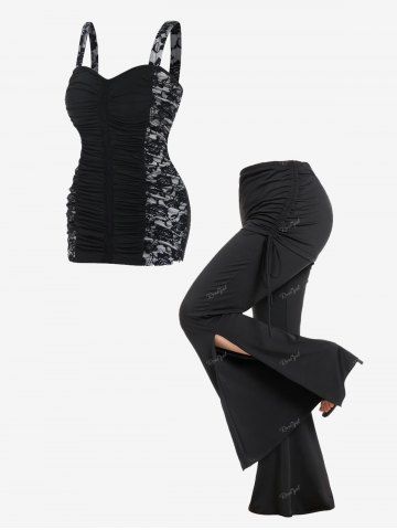 Lace Panel Ruched Fitted Tank Top and Cinched Ruched Split Hem Bell Bottom Pants Plus Size Summer Outfit - BLACK