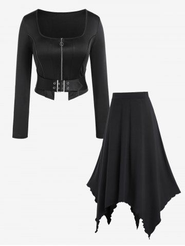 Square Collar Piping Zip Front Buckled Crop Top And Handkerchief Hem Maxi Skirt Gothic Outfit - BLACK