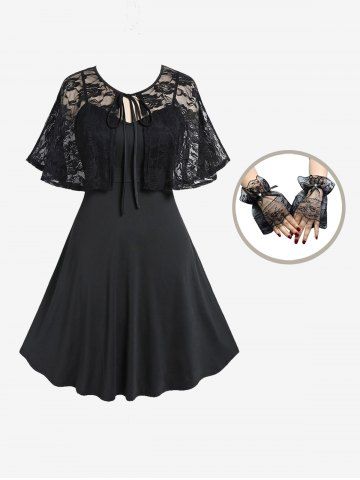 Plus Size Solid A Line Cocktail Dress and Tie Lace Capelet Party Set And Shading Lace Flower Pattern Wrist Gloves Gothic Outfit