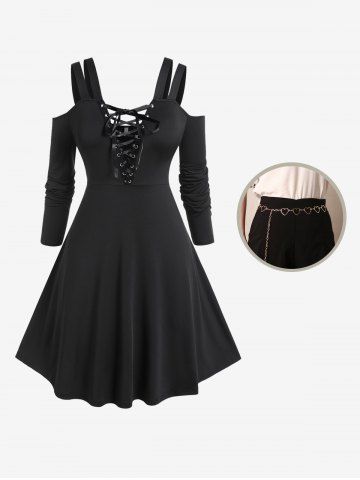 Plus Size Lace-up Cold Shoulder Long Sleeves Fit and Flare Dress And Gold Heart Ring Chains Belt Gothic Outfit