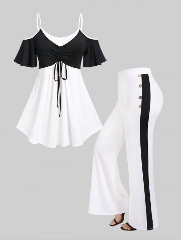 Monochrome Cinched Cold Shoulder Tunic Tee and Flare Pants Plus Size Summer Outfit - WHITE
