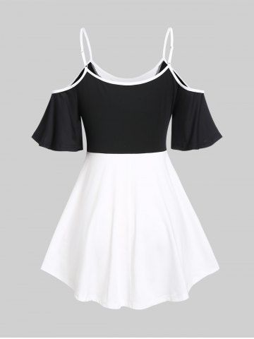 Monochrome Cinched Cold Shoulder Tunic Tee and Flare Pants Plus Size Summer Outfit