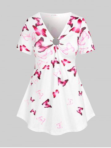 Plus Size & Curve Butterfly Short Sleeve A Line Skirted Tee - WHITE - 2X
