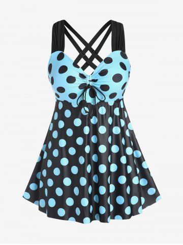 Plus Size & Curve Cinched Polka Dot Crisscross Tankini Swimsuit - LIGHT BLUE - L
