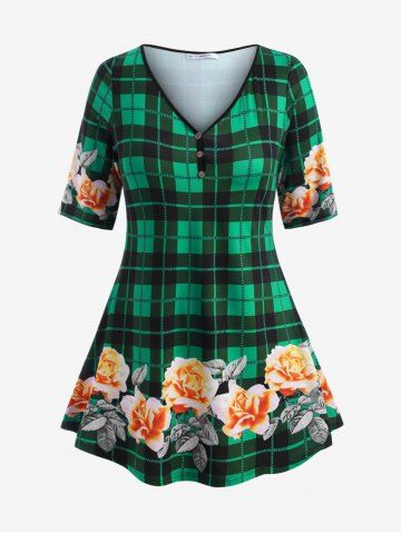 Mock Buttons Floral Plaid Plus Size Top - GREEN - 2X