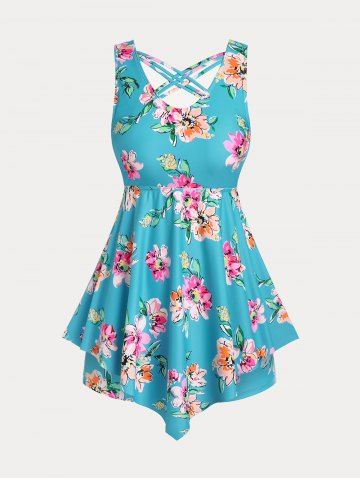 Plus Size Floral Crisscross Padded Boyleg Modest Tankini Swimsuit - BLUE - M | US 10