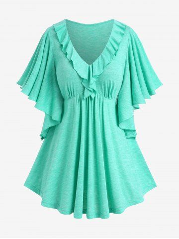 Camiseta Cuello V Manga Mariposa Volantes Tamaño Plus - LIGHT GREEN - 3X | US 22-24
