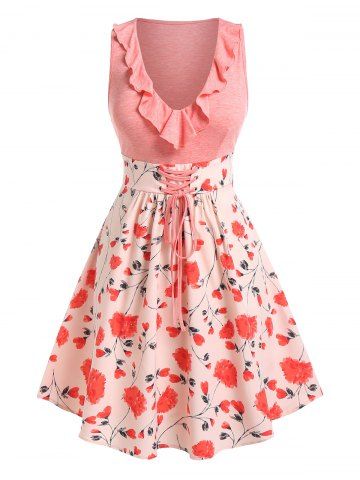 Plus Size Lace Up Ruffled Floral Print Sleeveless Dress