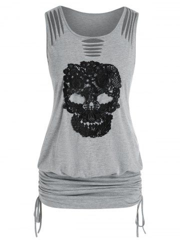 Plus Size Ripped Crochet Skull Ruched Cinched Tank Top - GRAY - 2X | US 18-20