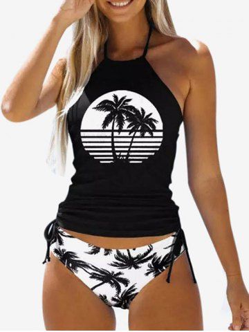 Plus Size Hawaii Coconut Palm Print Cinched Ruched Tankini Swimsuit