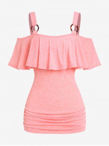 Plus Size Space Dye Flounce O-rings Cold Shoulder Tee - LIGHT PINK - 3X | US 22-24
