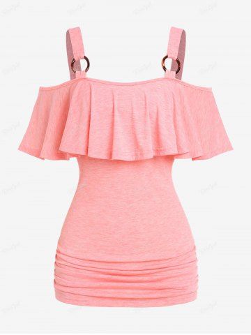 Plus Size Space Dye Flounce O-rings Cold Shoulder Tee - LIGHT PINK - L | US 12