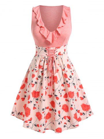 Plus Size Lace Up Ruffled Floral Print Sleeveless Dress - LIGHT PINK - 3X | US 22-24