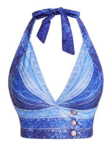 Faux Denim 3D Print Padded Halter Swim Top - BLUE - S