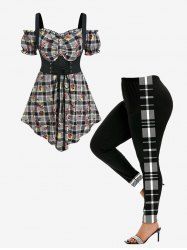 Plaid Rose Ruffles Trim Cold Shoulder Tee and Plaid Colorblock Leggings Plus Size Summer Outfit -  