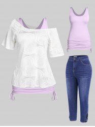 Skew Collar Textured Cinched  T-shirt Set and Faded Ninth Jeans Plus Size Summer Outfit -  