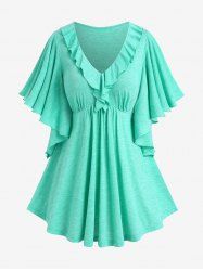 Plus Size Flounce Butterfly Sleeves V Neck Tee -  