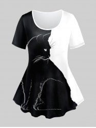 T-shirt à Imprimé Chat Bicolore Grande Taille - Noir M | US 10