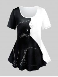 T-shirt à Imprimé Chat Bicolore Grande Taille - Noir 3X | US 22-24