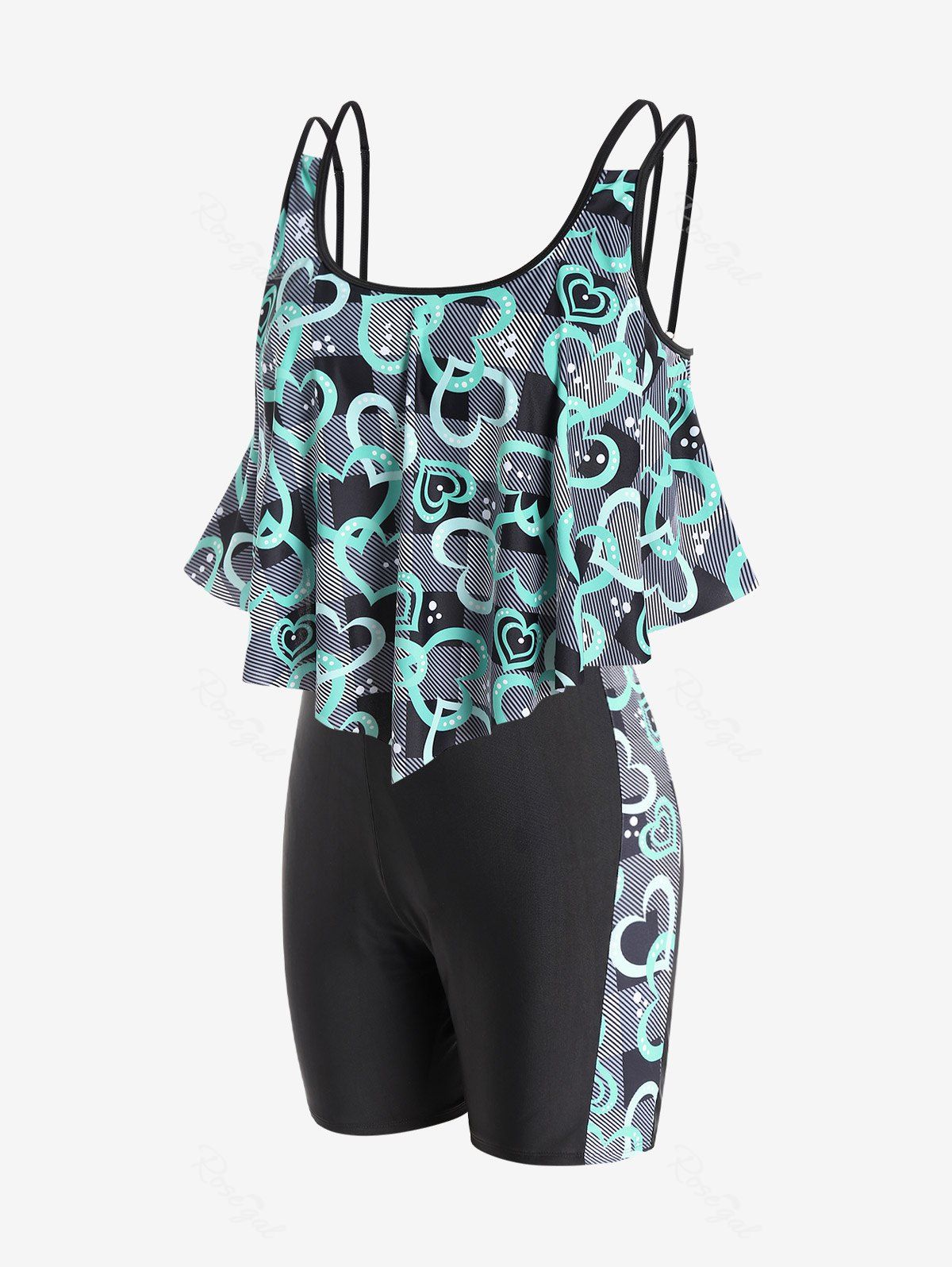 Latest Plus Size Heart Plaid Backless Padded Overlay Tankini Swimsuit  