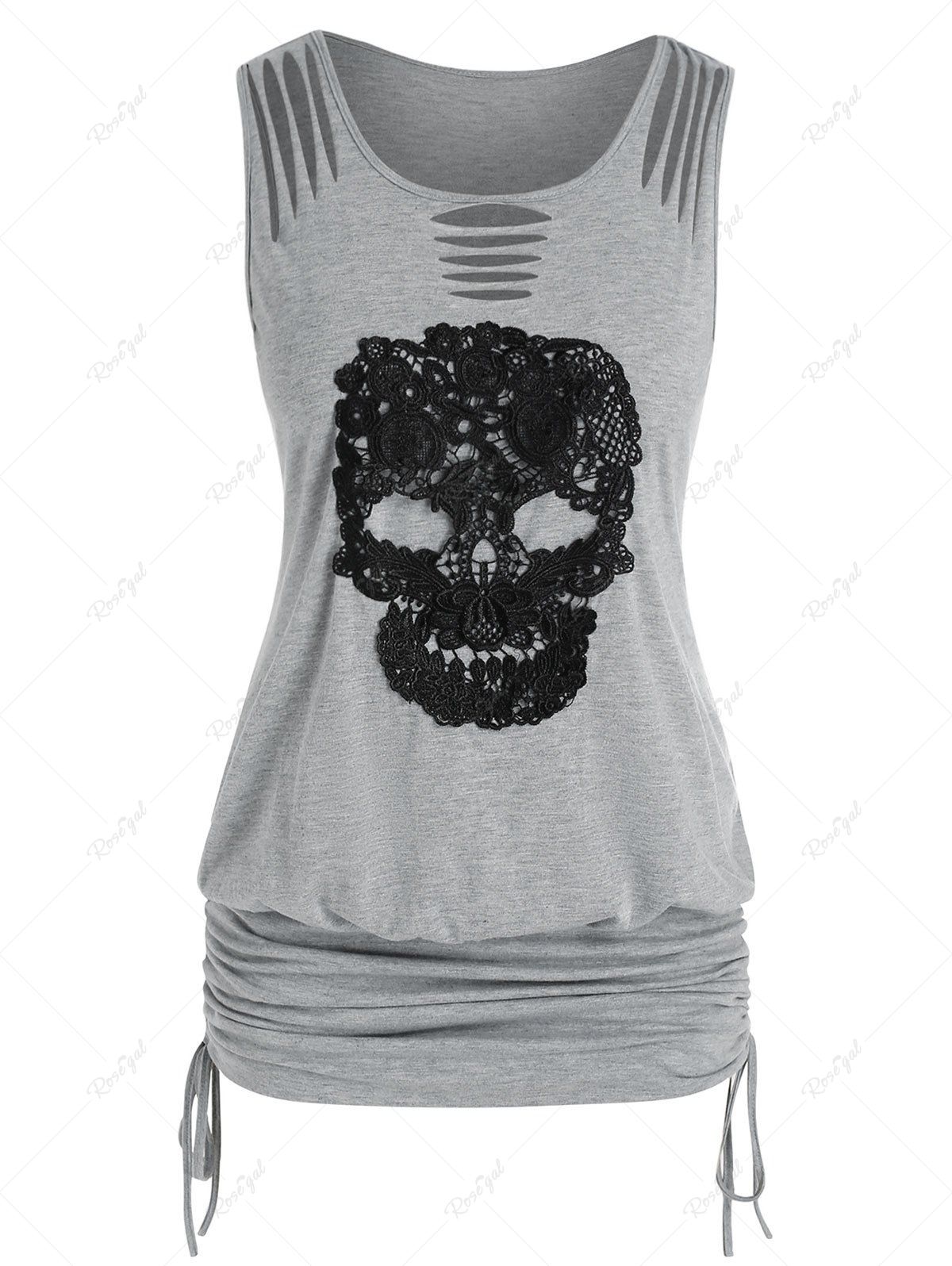 Fashion Plus Size Ripped Crochet Skull Ruched Cinched Tank Top  