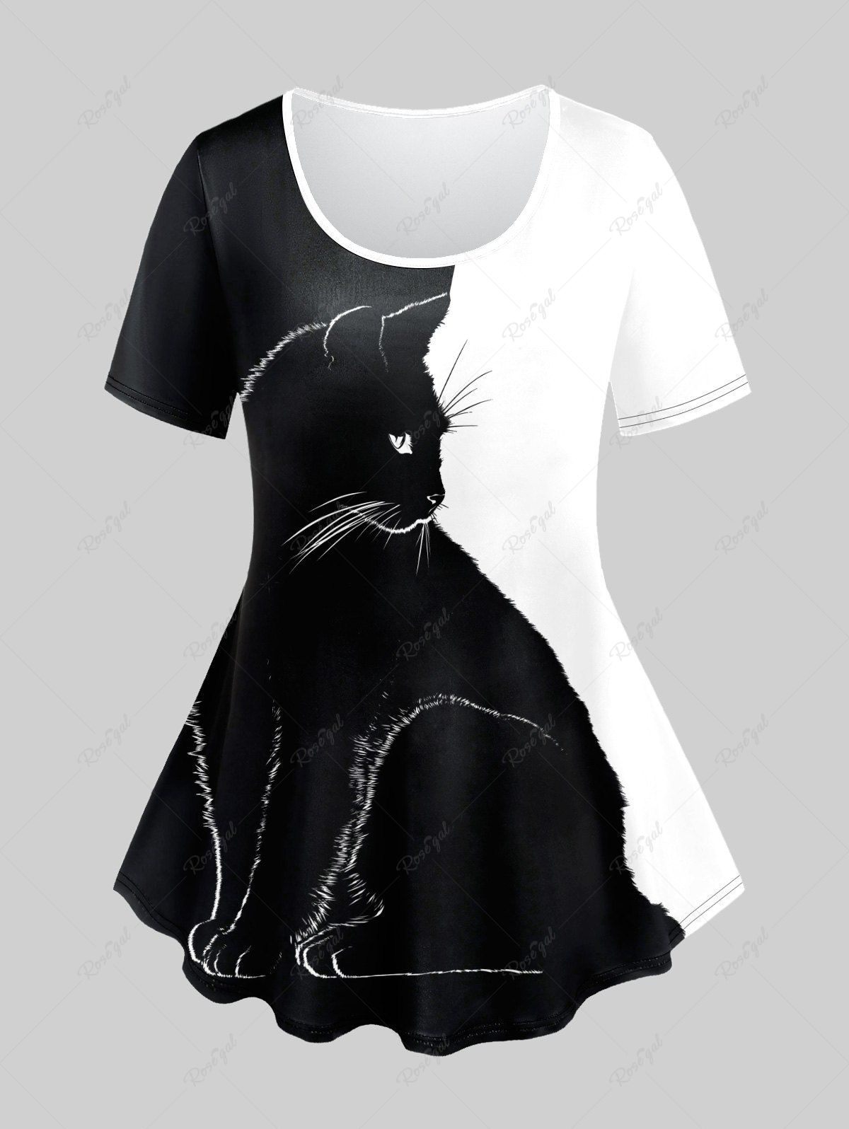 T-shirt à Imprimé Chat Bicolore Grande Taille Noir 3X | US 22-24