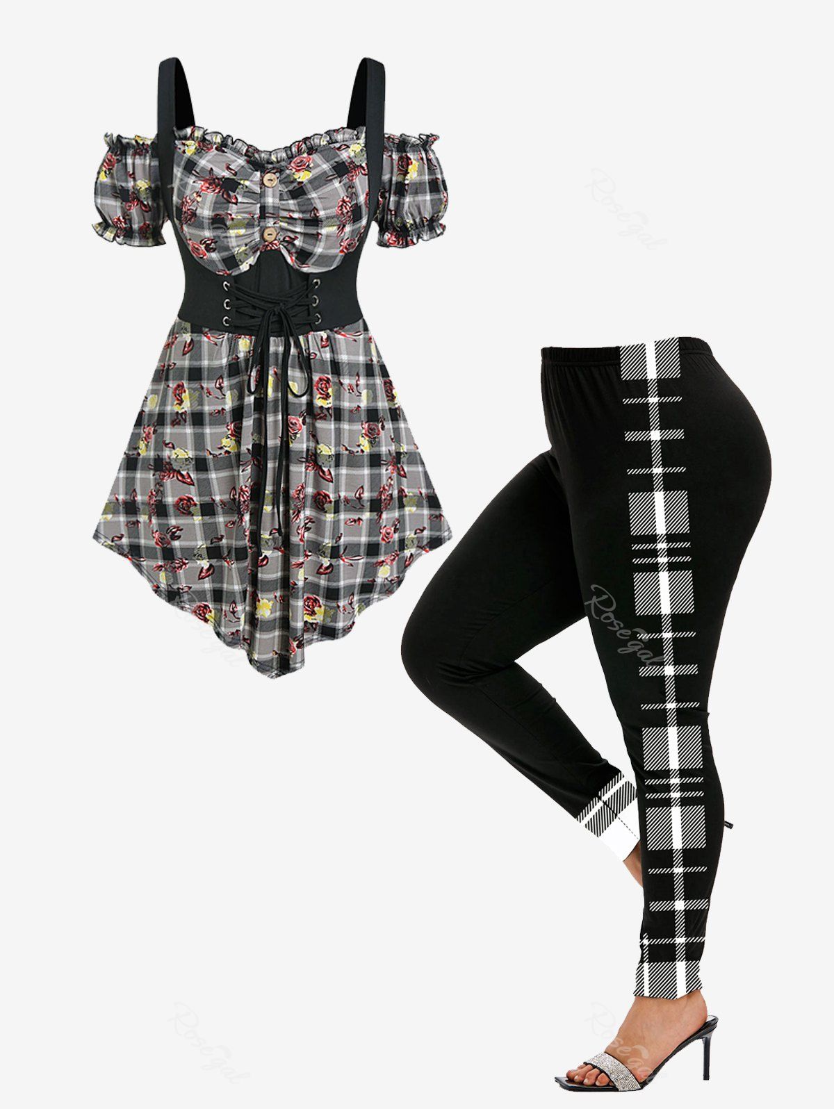 Sale Plaid Rose Ruffles Trim Cold Shoulder Tee and Plaid Colorblock Leggings Plus Size Summer Outfit  