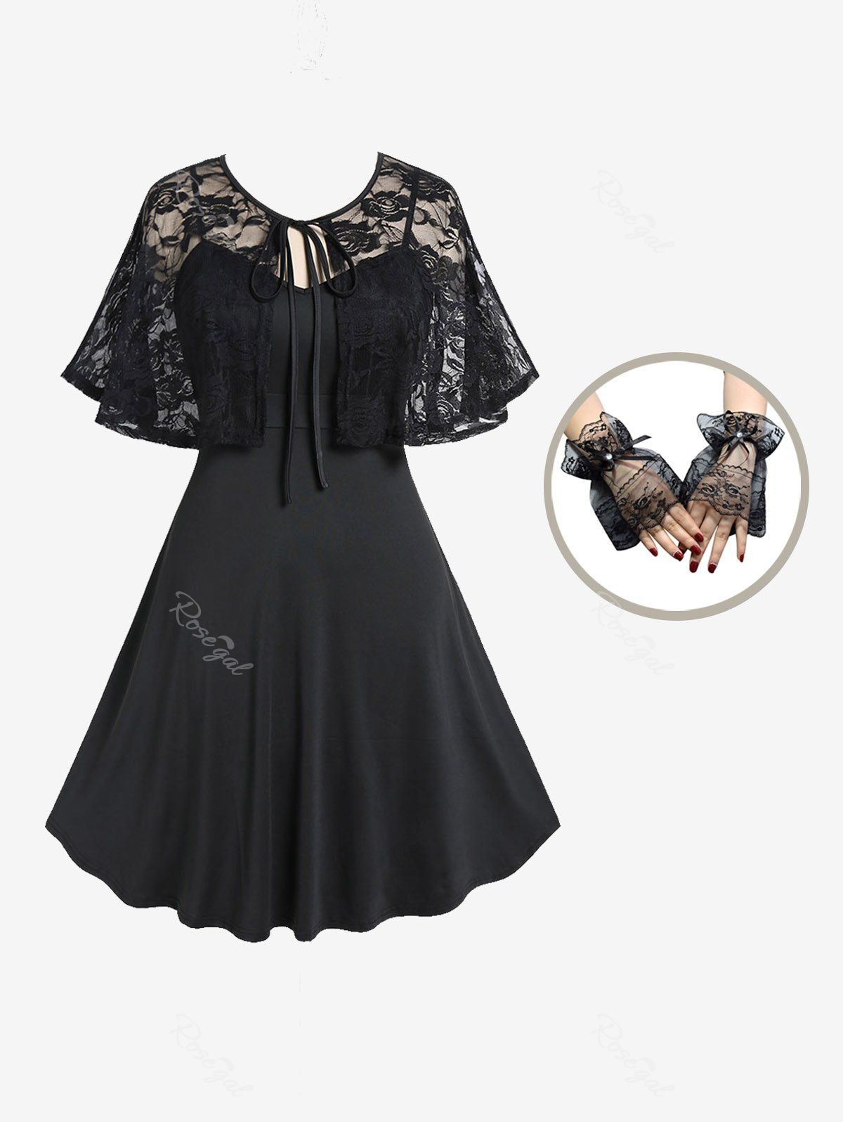 Ensemble Gothique de Robe de Cocktail Ligne A en Couleur Unie Cape Nouée en Dentelle et Gants de Poignet à Fleur Noir 