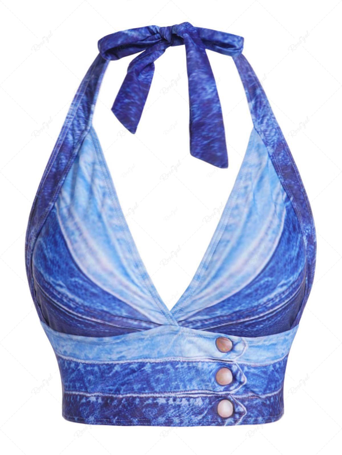 Best Faux Denim 3D Print Padded Halter Swim Top  