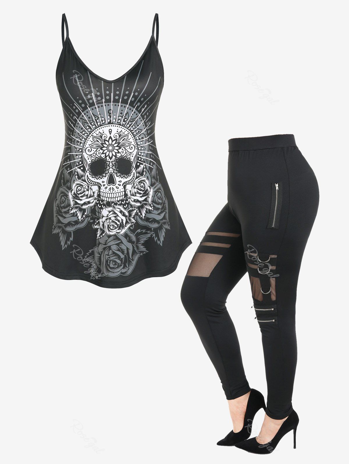 Ensemble de Débardeur Gothique à Imprimé Rose et Crâne et Pantalon Skinny Panneau en Tulle Transparent Noir 