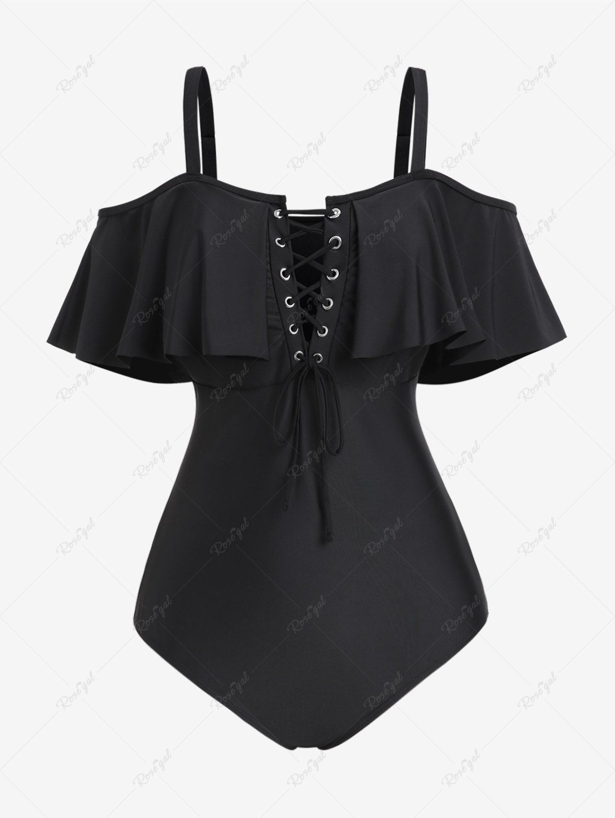 Maillot de Bain Matelassé sans Dos de Grande Taille à Lacets à Volants Une-Pièce Noir M | US 10