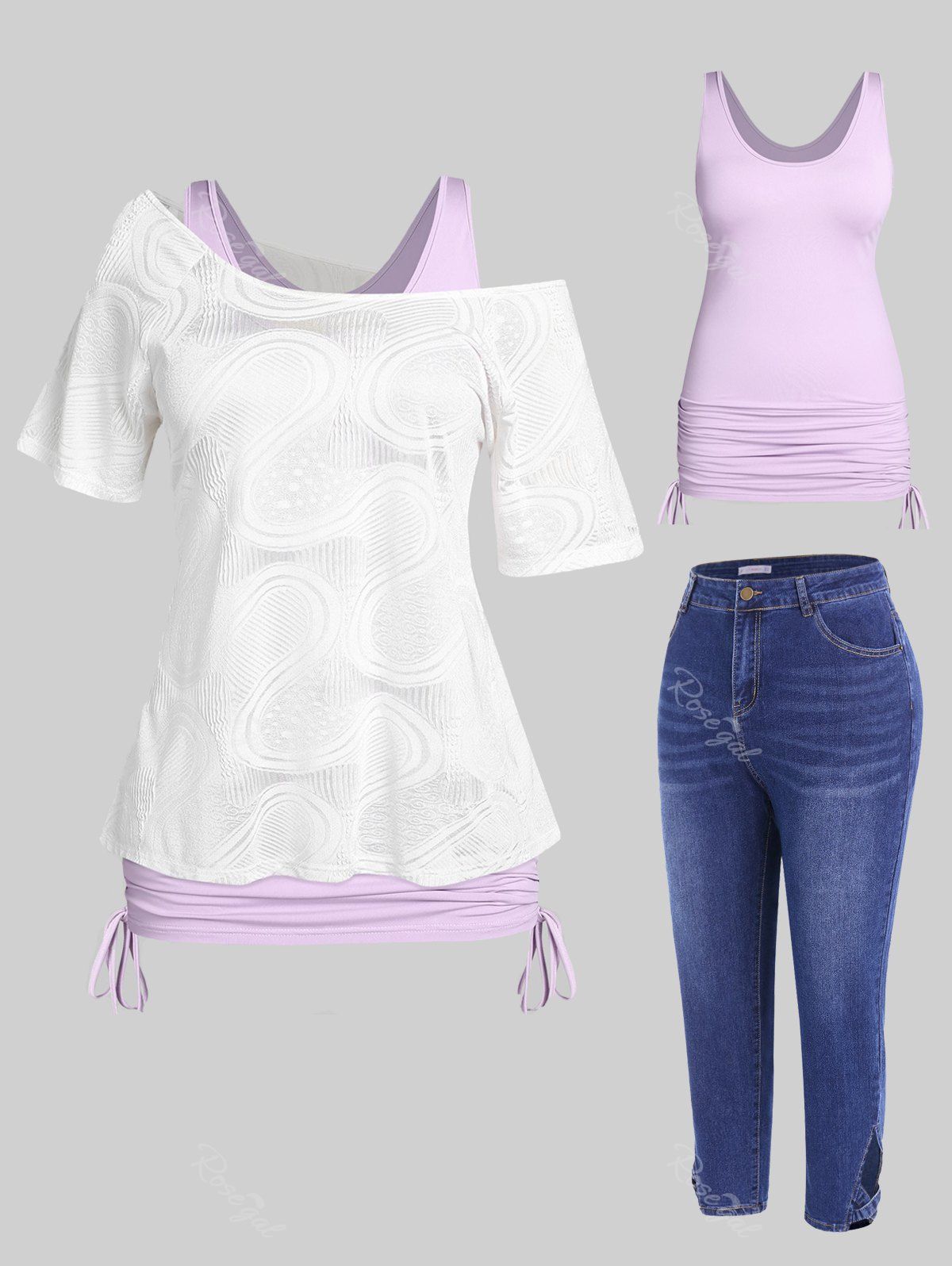 Hot Skew Collar Textured Cinched  T-shirt Set and Faded Ninth Jeans Plus Size Summer Outfit  