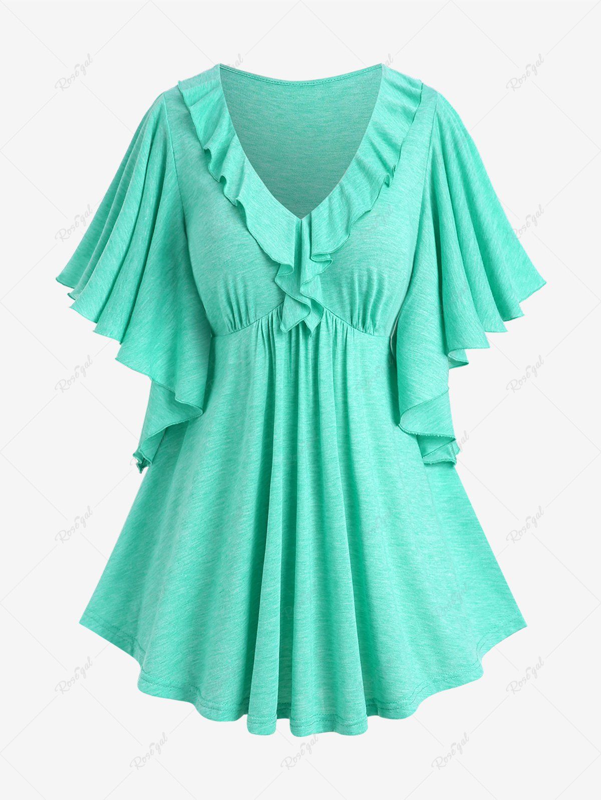 Trendy Plus Size Flounce Butterfly Sleeves V Neck Tee  