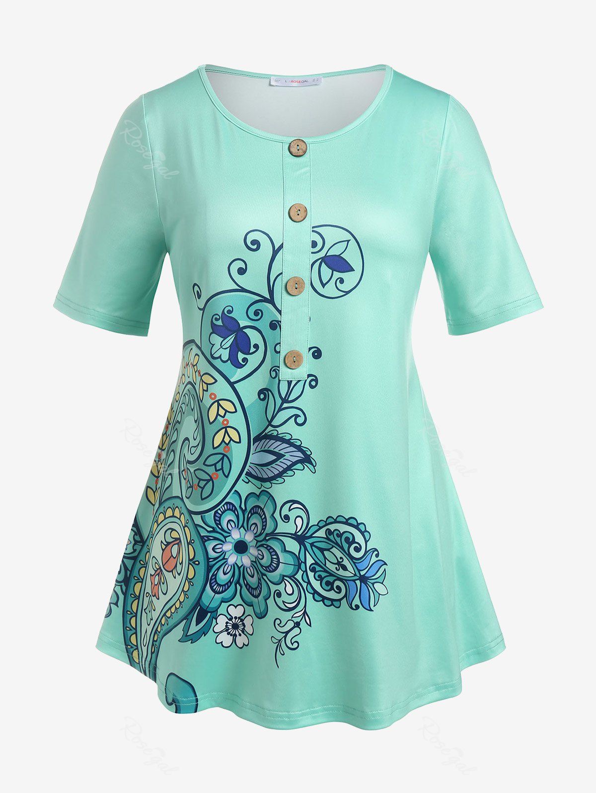 Affordable Plus Size Mock Button Paisley Print Tee  