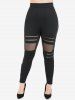 Ensemble de Débardeur Gothique à Imprimé Rose et Crâne et Pantalon Skinny Panneau en Tulle Transparent - Noir 