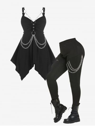 Gothic O Ring Chains Handkerchief Gothic Tank Top and Chain Embellished High Waisted Pants Outfit
